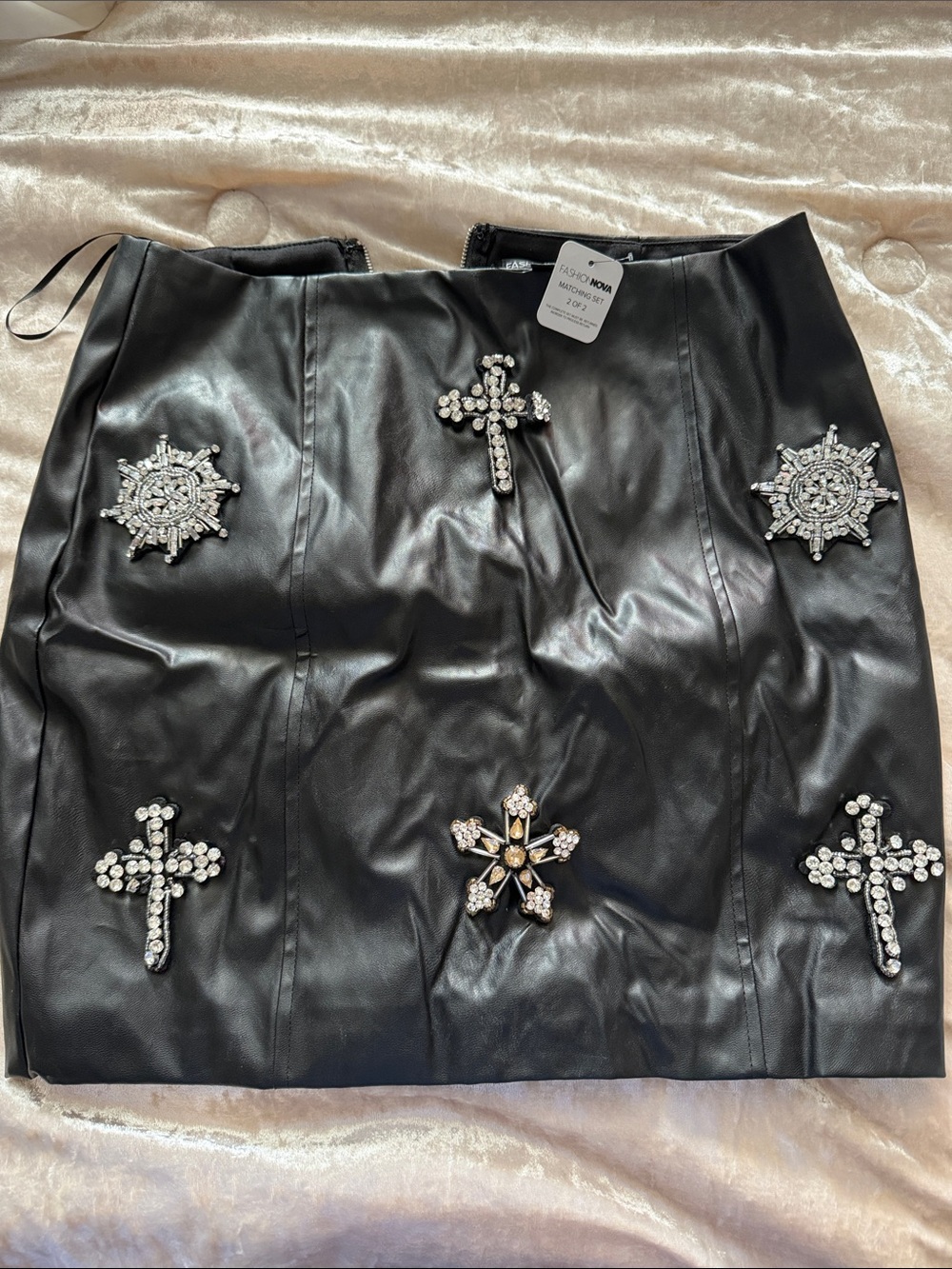 Fashion Nova Black Embellished Faux Leather Mini Skirt with Crystal Motifs